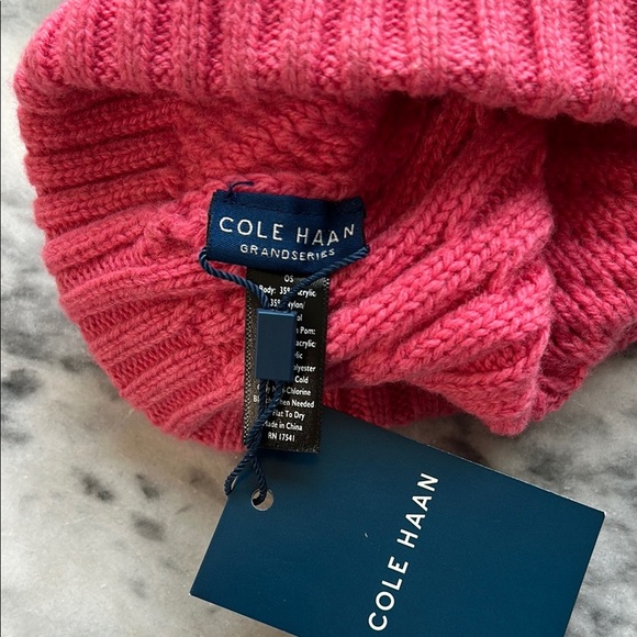Cole Haan Pink Knit Beanie with Black Pom - Picture 3 of 4